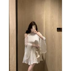 批发2026夏季白色花朵露肩挂脖雪纺衫女中长款<b class='q'>喇叭袖</b>衬衫上衣含腰带