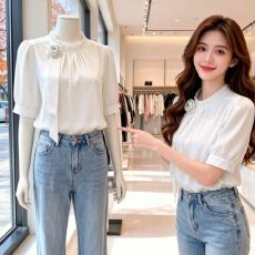 批发2026夏季新款法式雪纺短袖<b class='q'>衬衫女</b>小个子宽松显瘦时尚气质百搭上衣