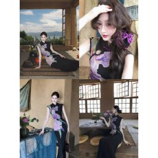 批发吃绿色菜鸢紫复古新中式改良<b class='q'>旗袍</b>连衣裙女无袖收腰印花长裙子