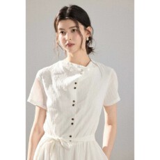 批发贰羊设计随春归100棉 极简通勤气质连衣裙女<b class='q'>立领</b>排扣高腰长裙