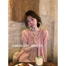 批发宋秀妍 SENIORS韩系少女西柚粉花边泡泡袖娃娃衫减龄甜美<b class='q'>短袖</b>衬衫