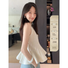 批发夏诗文 造型感木耳边领口无袖针织衫女夏弹力云柔纱立体感A字上衣