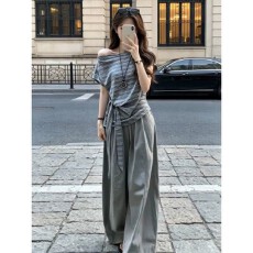 批发韩系巨好看穿搭一整套2026新款斜肩条纹<b class='q'>短袖</b>t恤女夏季阔腿<b class='q'>裤</b><b class='q'>套装</b>