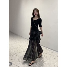 批发韩系休闲套装女夏季小个子绝美短袖上衣波点半身长裙子穿搭<b class='q'>两件套</b>