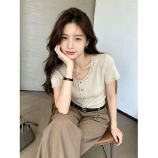 批发老钱风花边针织短袖T恤女夏季设计感小众修身<b class='q'>短款</b>正肩小个子上衣