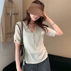 韩系休闲老钱风亨利领纽扣针织衫女夏季新款松弛感亚麻质感上衣潮