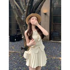 批发法式高级感<b class='q'>名媛</b>小香风无袖马甲女夏天高腰百褶短裙复古气质两件套
