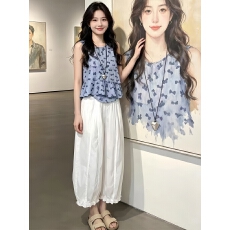 2026夏季新款韩系巨好看减龄碎花无袖小衫上衣花边阔腿裤两件套装