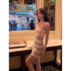 批发辣妹复古条纹针织吊带连衣裙女夏季山茶花裙子收腰显瘦包臀短裙