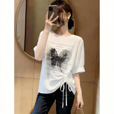 批发不规则抽绳字母蝴蝶印花T恤女夏季大码<b class='q'>胖</b><b class='q'>mm</b>韩版复古气质减龄上衣