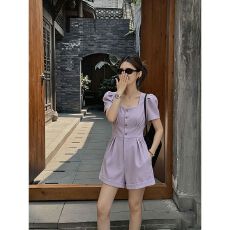 批发韩系chic夏季法式气质方领单排扣泡泡袖收腰显瘦休闲阔腿<b class='q'>连体</b><b class='q'>裤</b>女