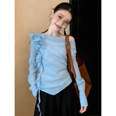 批发韩系温柔风斜肩蓝色<b class='q'>长袖</b>上衣女2026春季设计感不对称显瘦通勤风