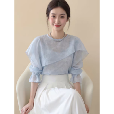批发法式蓝色荷叶边长袖<b class='q'>衬衫</b>女士2026春夏新款气质高级感百搭洋气上衣