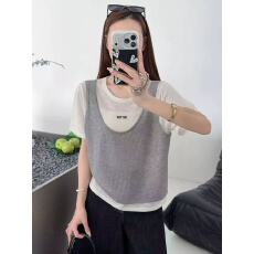 批发夏季薄款假两件冰丝针织短袖t恤女2026新款竹节棉<b class='q'>宽松</b>减龄上衣