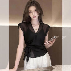 批发御姐风黑色V领微透短款<b class='q'>雪纺</b><b class='q'>衬衫</b>女2026夏季新款系带收腰单穿上衣