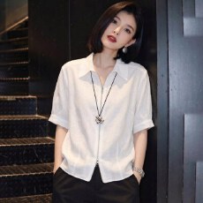 批发2026夏季新款轻奢风纯色短袖<b class='q'>衬衫</b>翻领拉链设计感通勤百搭显瘦上衣