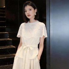 批发法式千金风<b class='q'>白色</b>蕾丝镂空短袖上衣女2026年夏季新款圆领设计感T恤