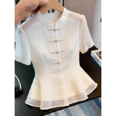 批发法式通勤风白色短袖<b class='q'>衬衫</b>女立领盘扣收腰气质小众上衣超好看时尚感