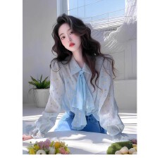批发法式绝美气质蓝色碎花<b class='q'>长袖</b><b class='q'>衬衫女</b>装2025春夏新款高级漂亮防晒上衣