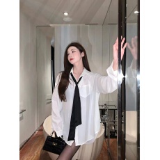 批发轻熟风御姐领带雪纺衬衫女春秋季白色宽松垂感中长款长袖衬衣上衣