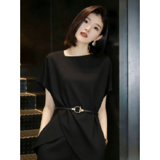 批发高级感黑色不规则上衣女夏季新款<b class='q'>收腰</b>显瘦气质通勤短袖<b class='q'>雪纺衫</b>