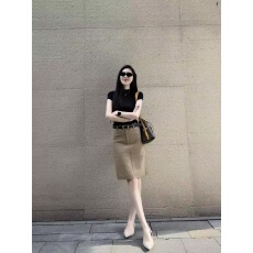 批发法式复古卡其苎麻裙半身裙女春夏新款百搭休闲后中开衩<b class='q'>西装</b>中裙子