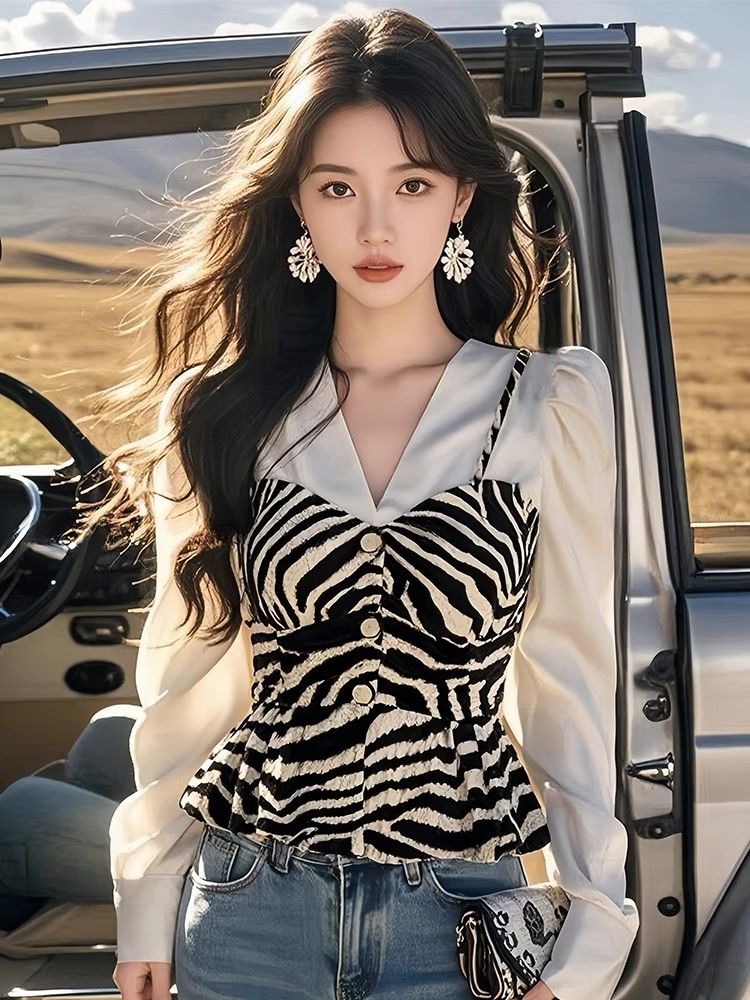 设计感假两件衬衫长袖连衣裙女秋...