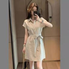批发夏季新款韩式休闲风翻领短袖<b class='q'>衬衫</b>裙女装收腰A字连衣裙高级感T恤裙