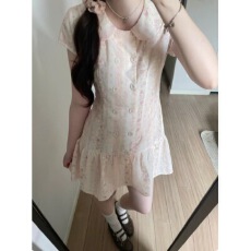 批发法式少女感学院风娃娃领碎花衬衫连衣裙女夏季<b class='q'>双排扣</b>收腰气质短裙
