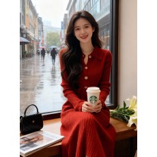 批发<b class='q'>韩国</b>气质名媛港式复古高级感POLO翻领针织毛衣连衣裙秋冬显瘦<b class='q'>长裙</b>