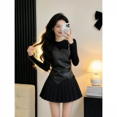 批发又a又飒御姐黑色斜肩连衣裙子女2026新款秋冬季穿搭内搭短裙<b class='q'>套装</b>