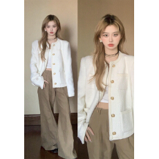 批发秋季新款韩系高级小香风白色夹克外套女小个子千金短款上衣粗花呢