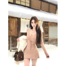 批发Mejiu蜜九波纹柔糯纯欲针织毛衣连衣裙女秋<b class='q'>冬</b>温柔收腰显瘦A字礼裙