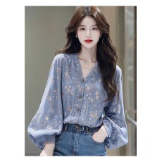 批发新款法式绝美独特淑女气质森系蓝色碎花长袖<b class='q'>衬衫</b>上衣女宽松慵懒风