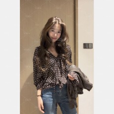 批发YSHUO法曼度日复古豹纹波点荷叶边长袖衬衫V领系带上衣