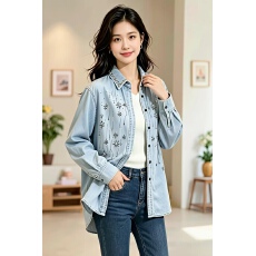 批发韩国东大门牛仔衬衫外套女重工欧洲站春秋复古洋气<b class='q'>百搭</b>POLO领上衣