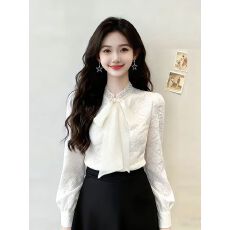 批发立领蕾丝蝴蝶结<b class='q'>衬衫</b>显瘦优雅女2026年新款重工钉珠加绒长袖上衣