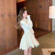 批发韩国<b class='q'>甜美</b>风仿貂毛针织毛衣裙女秋冬小个子洋气外穿打底蓬蓬连衣裙