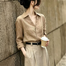批发高端简约苎麻<b class='q'>衬衫</b>女士长袖春秋新款<b class='q'>棉麻</b>咖色<b class='q'>衬衣</b>高级感老钱风上衣