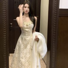 批发2026年春秋季新款香槟高级感<b class='q'>宫廷</b>风提花收腰修身显瘦吊带<b class='q'>连衣裙</b>
