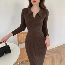 批发欧美风修身显瘦POLO领弹力针织连衣裙秋冬开叉甜辣风包臀打底长裙
