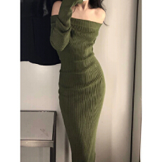 批发气质名媛长款生日年会礼服高端轻奢小众性感一字肩针织连衣<b class='q'>裙</b>秋季