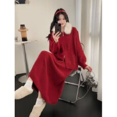 韩系气质巨好看穿搭新款开衫外套+半裙+毛领女秋季2件套