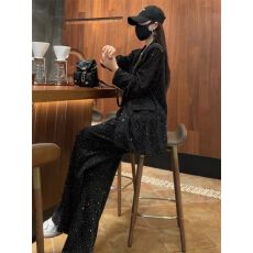 批发2026年秋季网红新款职业西装套装<b class='q'>女</b>气质重工烫钻显瘦外套+阔腿<b class='q'>裤</b>