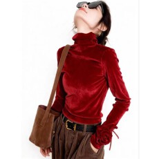 批发红色高领丝绒法式<b class='q'>衬衫</b>叠穿内搭女上衣高级感可外穿新年红色打底衫
