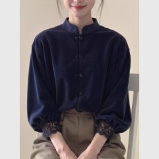 批发新中式<b class='q'>女装</b>藏青色立领蕾丝边丝绒上衣26秋季宽松显瘦气质国风小衫