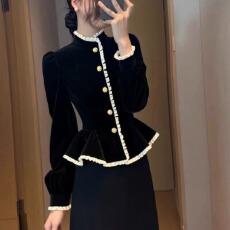 批发黑色撞色丝绒上衣2026冬季新款设计感绝美巨好看气质修身打底上衣
