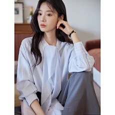 批发蓝色飘带落肩条纹长袖天丝<b class='q'>衬衫</b>女秋季法式复古气质上衣