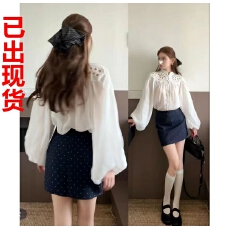 批发2026秋季新款高级感法式小衫<b class='q'>衬衫</b><b class='q'>波点</b>短裙套装女韩系温柔风两件套