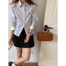 批发韩系复古条纹POLO领<b class='q'>长袖</b>衬衫女春秋季新款设计感宽松休闲防晒上衣